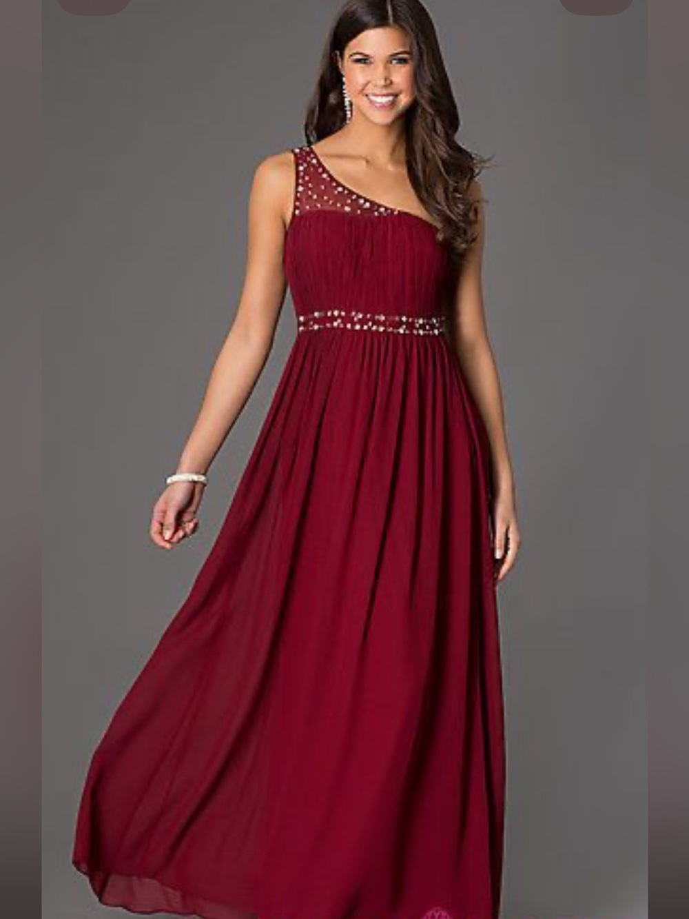 Elegant One-Shoulder Burgundy Evening Dress with Jewel Accents